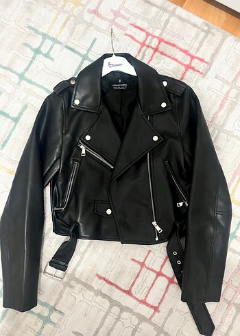 Siyah Deri Biker Ceket Kemerli - Görsel 4