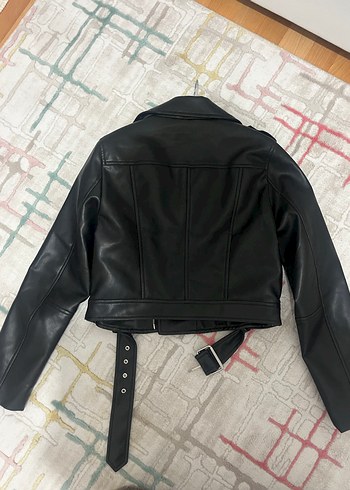 Siyah Deri Biker Ceket Kemerli - Görsel 5
