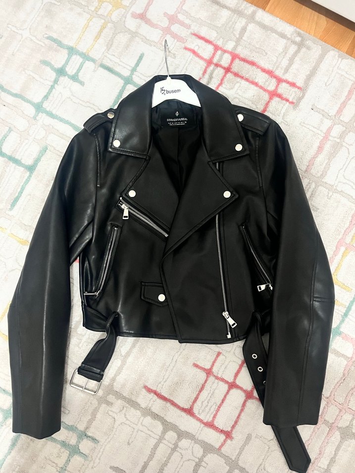 Siyah Deri Biker Ceket Kemerli - Görsel 4