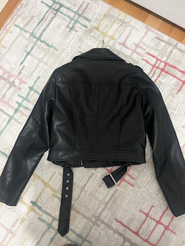 Siyah Deri Biker Ceket Kemerli - Görsel 5