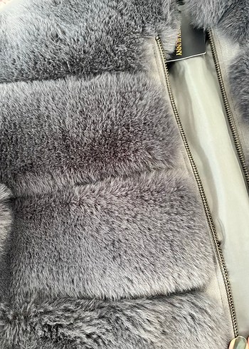 Gri Kadın Kürk Detaylı Midi Boy Mont - Görsel 2