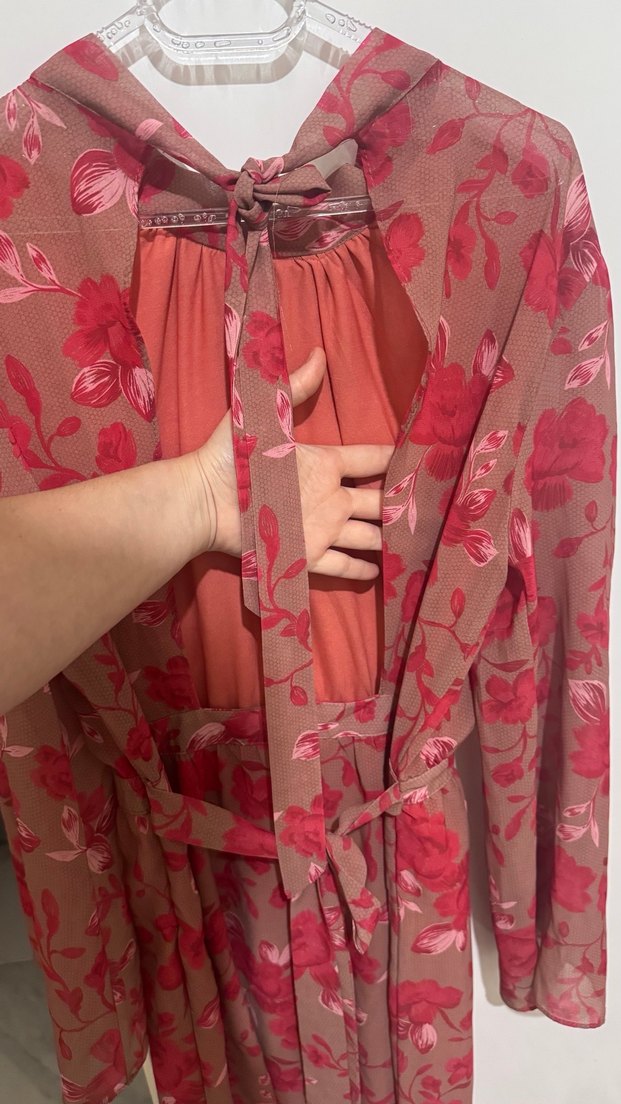 Bohem Pembe Çiçekli Uzun Kollu Elbise - Görsel 2