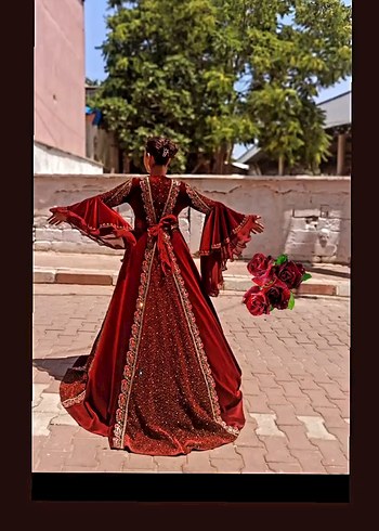 40 Beden bordo Renk Bordo Drape Detaylı Uzun Henna Kaftan