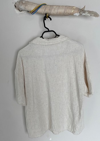 Bej Keten Düğmeli Kısa Kollu Gömlek - Görsel 5