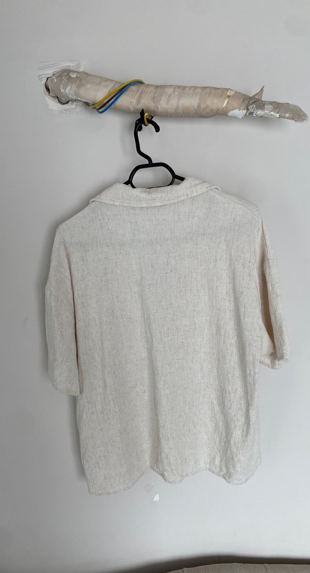 Bej Keten Düğmeli Kısa Kollu Gömlek - Görsel 5