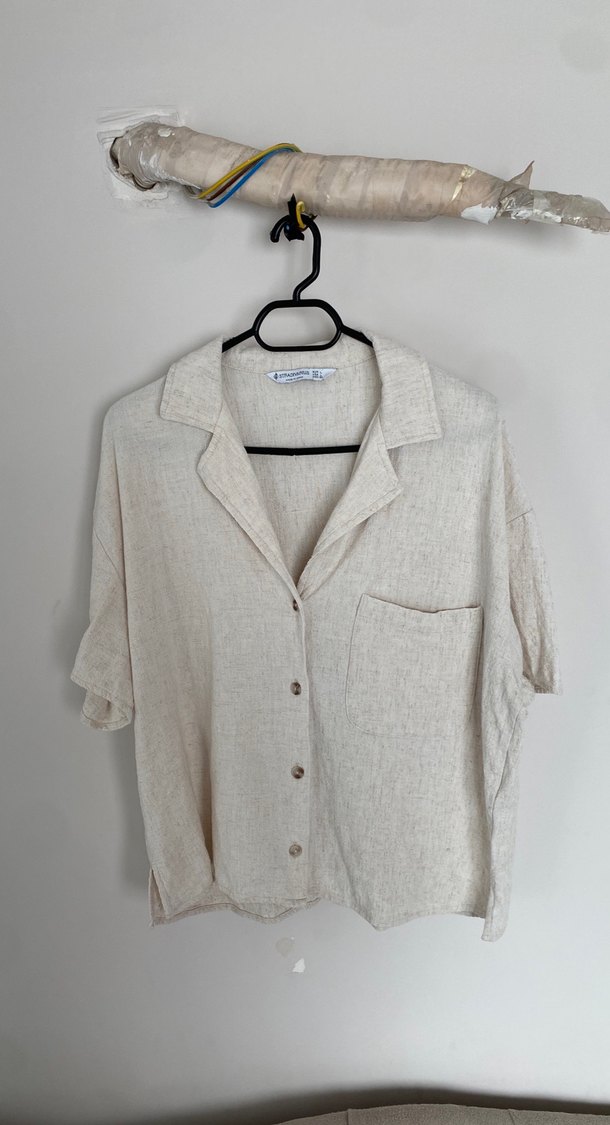 Bej Keten Düğmeli Kısa Kollu Gömlek - Görsel 3