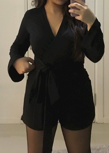 Uzun Kollu Siyah V Yaka Kumaş Tulum - Görsel 2