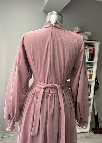 Bej Yüksek Yakalı Uzun Salaş Elbise - Görsel 5