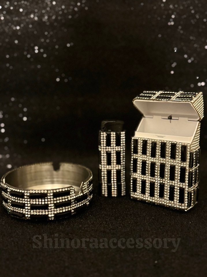 Kristal taşlı Baget tasarım sigara kutusu çakmak küllük set - Görsel 2