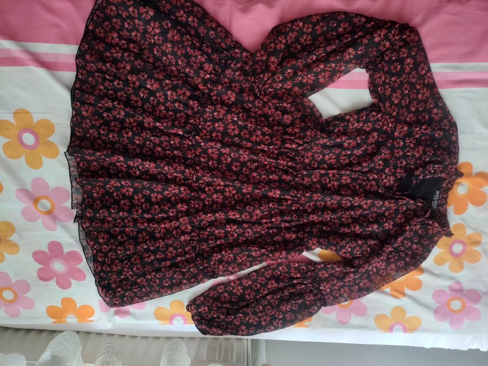 Kırmızı çiçekli balon kollu şifon elbise - Görsel 4