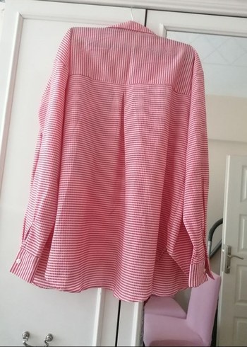 m Beden Düğmeli Pembe Keten Kadın Gömlek