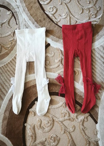 Kız Çocuk Örme Külotlu Çorap 2'li Beyaz ve Kırmızı