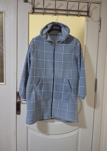 Gri Kareli Fermuarlı Midi içi polarli Kadın Kaban - Görsel 2