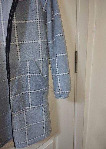 Gri Kareli Fermuarlı Midi içi polarli Kadın Kaban - Görsel 3