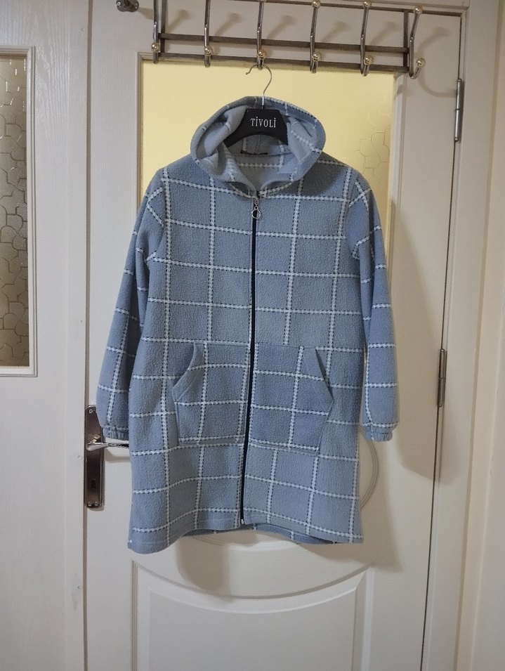 Gri Kareli Fermuarlı Midi içi polarli Kadın Kaban - Görsel 2