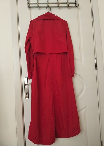 Kadın Kırmızı Uzun Fermuarlı pardesü - Görsel 2