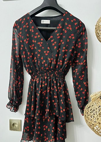 Siyah Mini Elbise, Uzun Kollu, Fırfırlı - Görsel 2