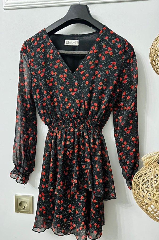 Siyah Mini Elbise, Uzun Kollu, Fırfırlı - Görsel 2