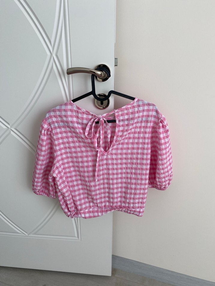 Pembe Kareli Koton Uzun Kollu Bluz - Görsel 2