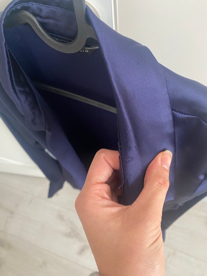 Lacivert V-Yaka Drapeli saten Midi Elbise - Görsel 2