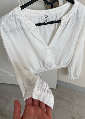 Kadın Beyaz Keten Uzun Kollu V Yaka Bluz - Görsel 3