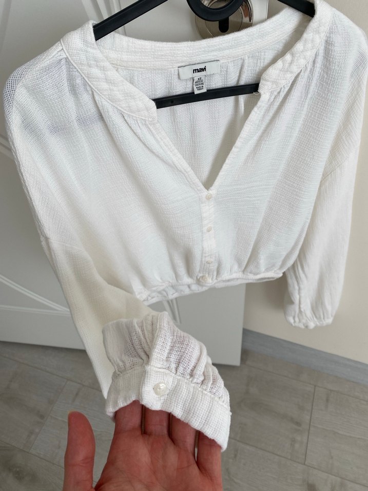 Kadın Beyaz Keten Uzun Kollu V Yaka Bluz - Görsel 3