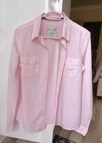 Pembe ince çizgili cepli pamuklu gömlek