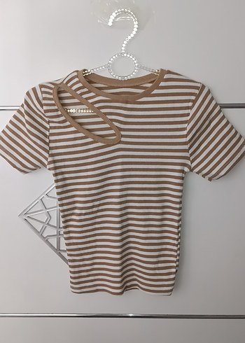 Dantel Detaylı Vizon Çizgili Likralı Kadın Tişört - Görsel 2