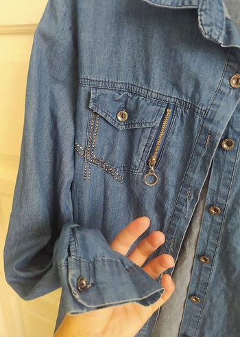 Diğer Düğmeli Uzun Mavi Kadın Denim Ceket