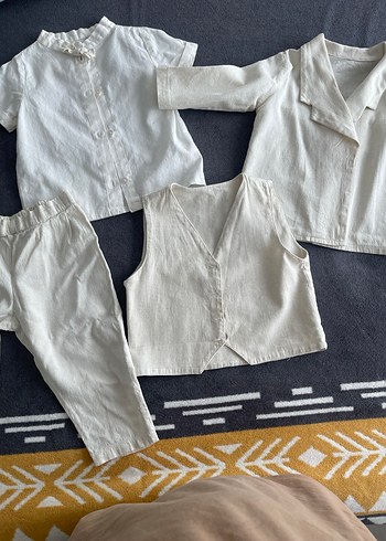 Erkek Keten Kısa Kollu Beyaz Gömlek Yelek Pantolon Ceket