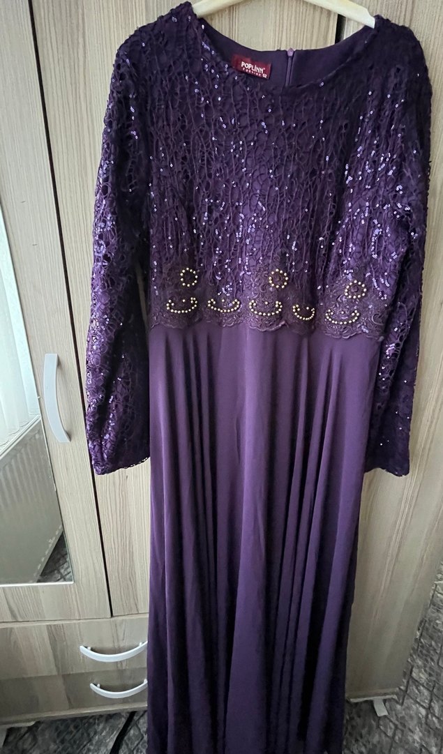 Uzun Kollu İşlemeli Mor Abiye Elbise - Görsel 2