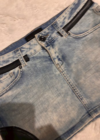 Mango Kadın Mavi Kemer desenli Denim Mini Etek - Görsel 3