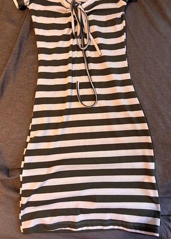 Gri Çizgili Günlük Midi Elbise - Görsel 3