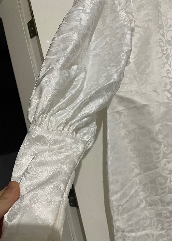 Beyaz saten abiye kalem kolları balon - Görsel 3