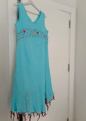 Turkuaz Nakışlı Püsküllü Bohem Uzun Elbise - Görsel 2