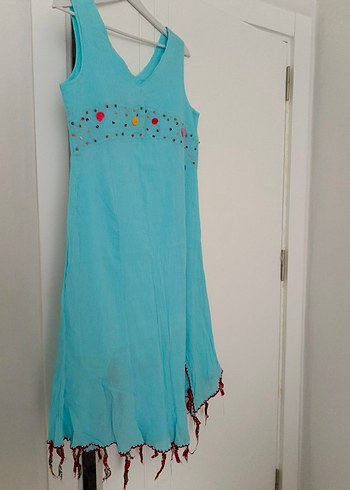 Turkuaz Nakışlı Püsküllü Bohem Uzun Elbise - Görsel 3