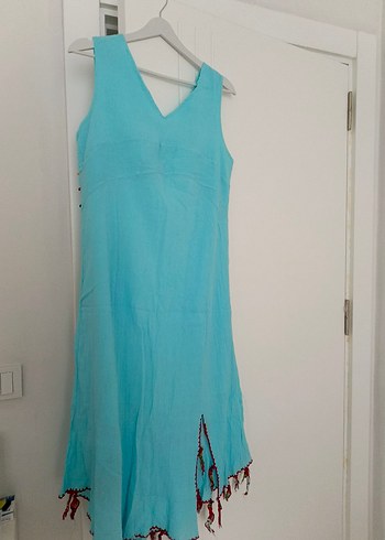 Turkuaz Nakışlı Püsküllü Bohem Uzun Elbise - Görsel 4