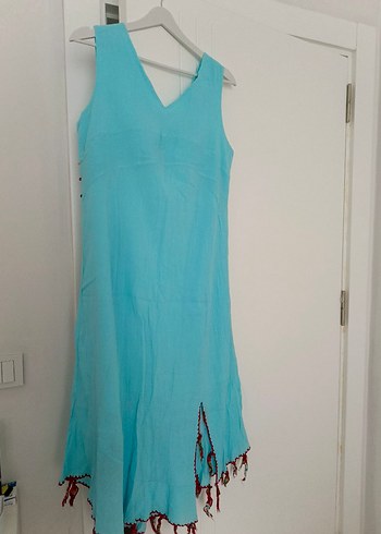 Turkuaz Nakışlı Püsküllü Bohem Uzun Elbise - Görsel 5