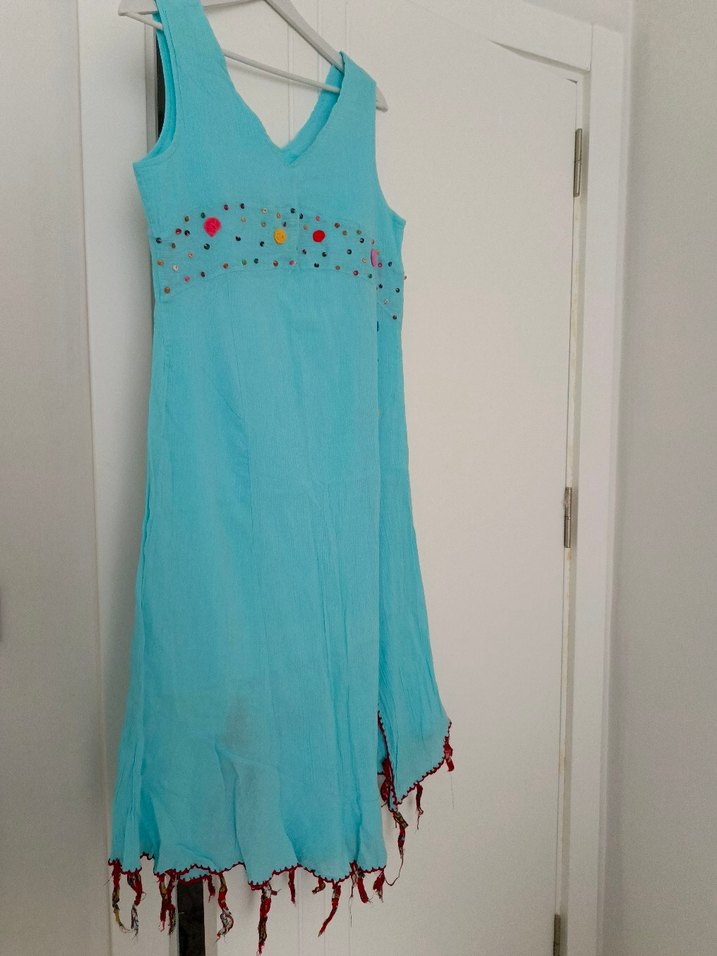 Turkuaz Nakışlı Püsküllü Bohem Uzun Elbise - Görsel 3