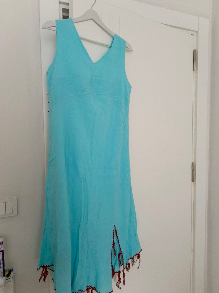 Turkuaz Nakışlı Püsküllü Bohem Uzun Elbise - Görsel 4