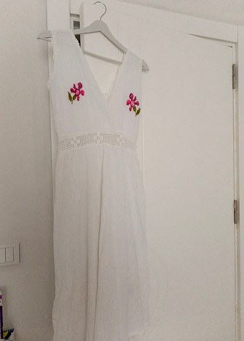 Nakışlı Beyaz Bohem Uzun Elbise - Görsel 2