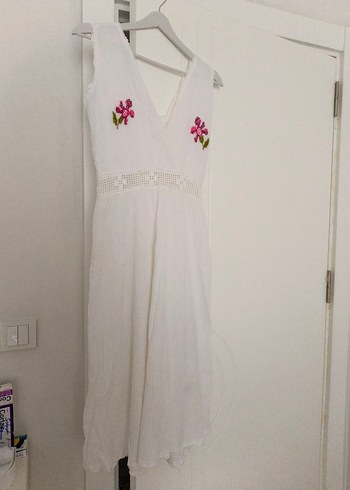 Nakışlı Beyaz Bohem Uzun Elbise - Görsel 3