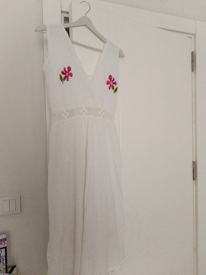 Nakışlı Beyaz Bohem Uzun Elbise - Görsel 2