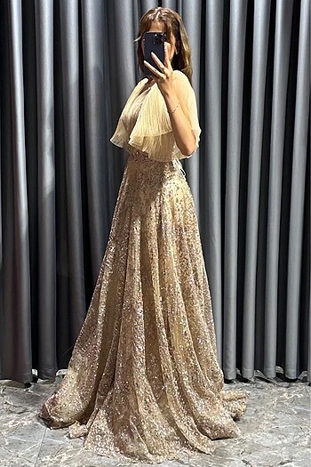 38 Beden altın Renk Gold Nişan Elbisesi - Arya Moda