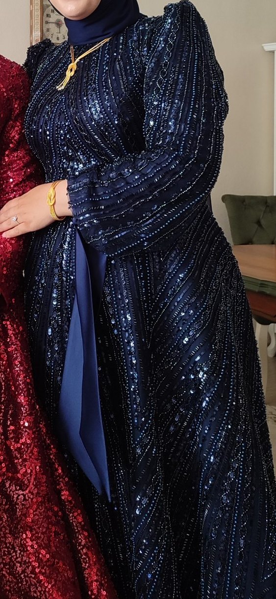 Mavi İşlemeli Uzun Kollu Abiye Elbise - Görsel 4