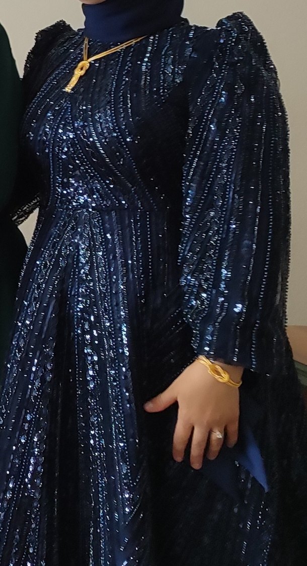 Mavi İşlemeli Uzun Kollu Abiye Elbise - Görsel 2