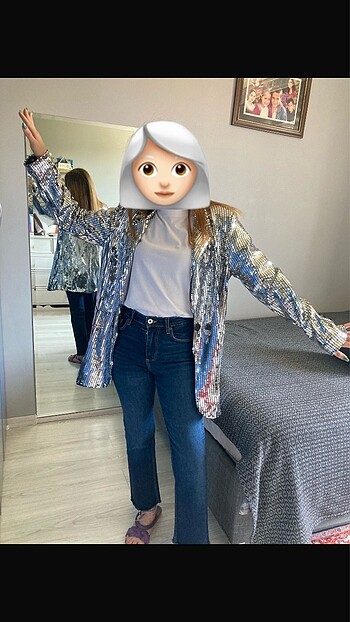 Gümüş payetli blazer ceket