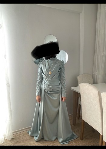 Abiye Su yeşili kuyruklu uzun abiye elbise