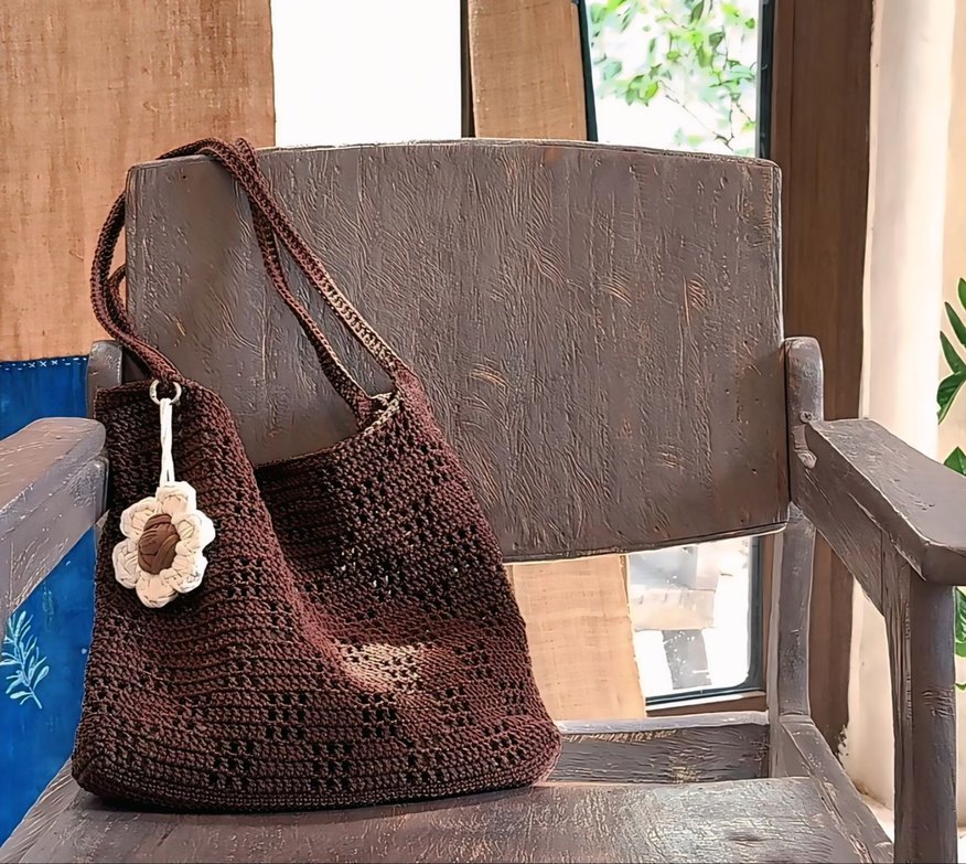 El Emeği Kahverengi Örgü Omuz Çantası - Görsel 2