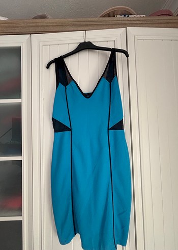 V Yaka Mavi Drapeli Midi Elbise - Görsel 3